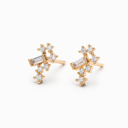 10pcs Gold/ Silver Tone CZ Cluster Geometric Stud Earrings, 18K Gold/ Rhodium Plated Brass, Cubic Zirconia Earrings (#GB-4335-A)