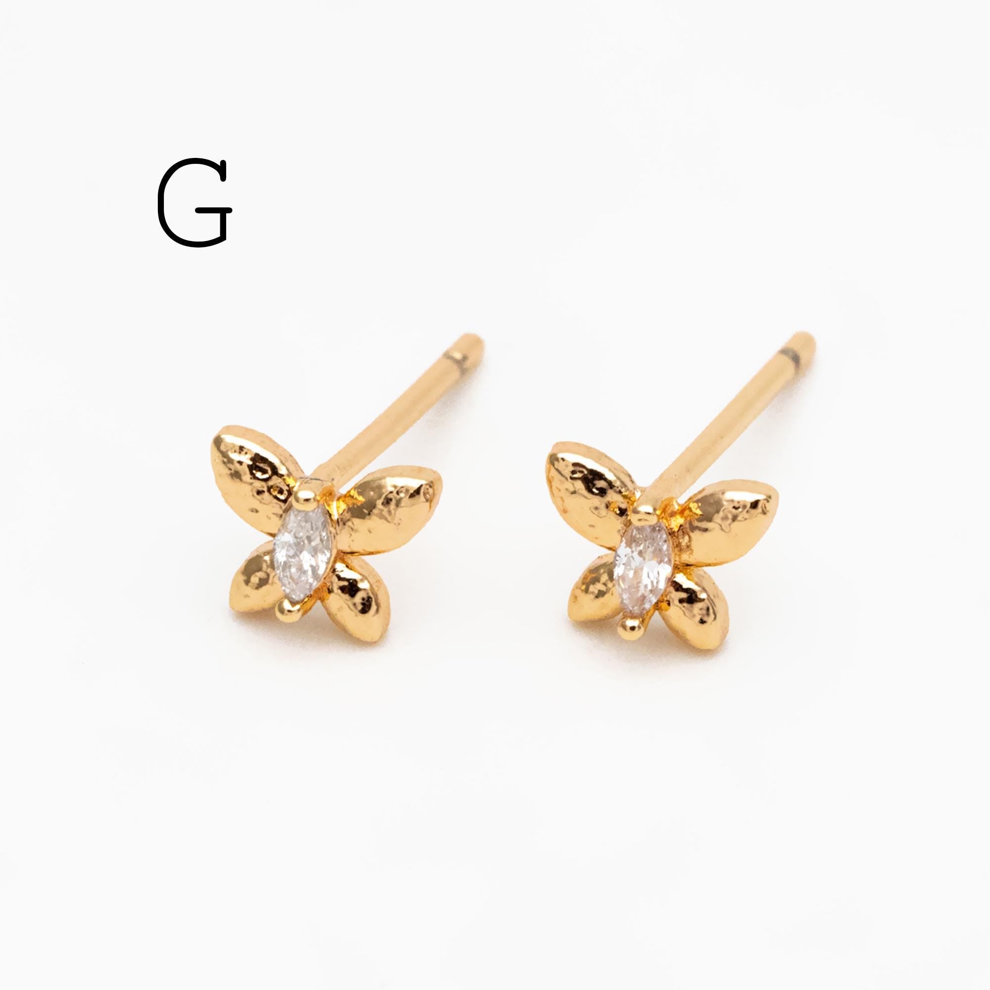 10pcs CZ Pave Gold/ Silver Flower Leaf Earrings, 18K Real Gold/ Rhodium Plated Brass, Dainty Stud Earrings (GB-3381)