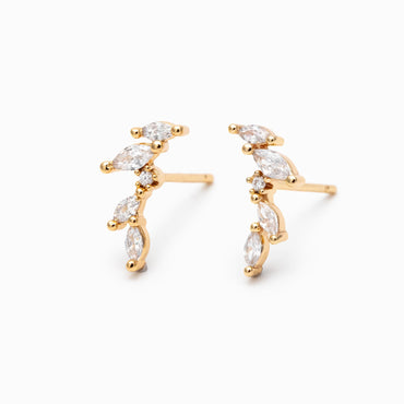 4pcs Leaf Stud Earrings, 18K Gold Plated Brass, CZ Pave Branch Earrings (GB-3369)