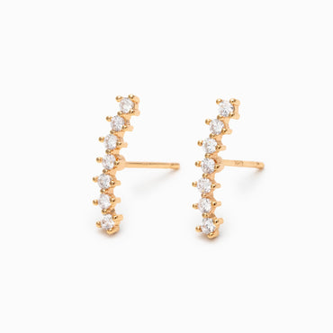 4pcs CZ Pave Gold Curved Bar Ear Posts, Real Gold Plated Brass Stick Stud Earrings (#GB-3369-G)