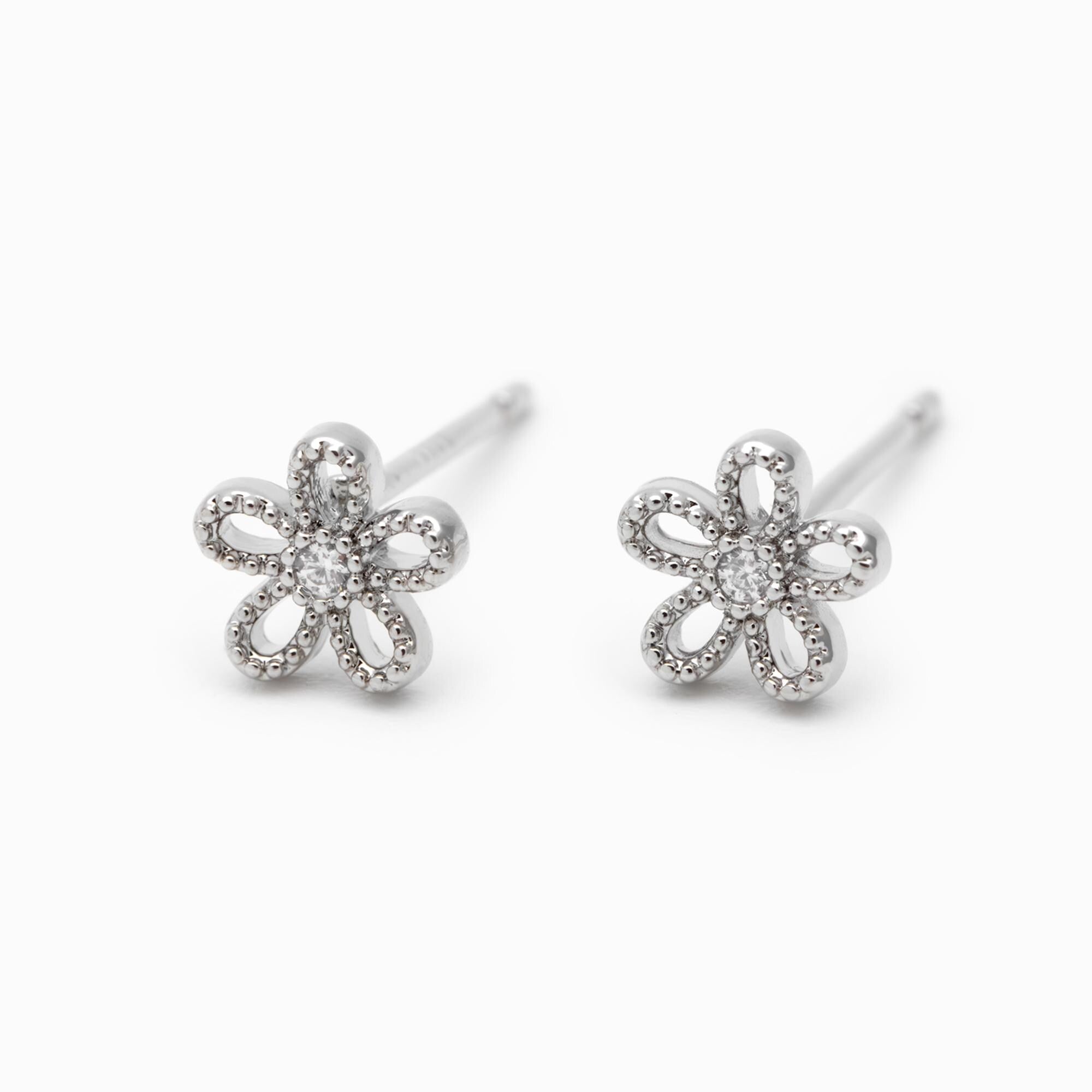 10pcs CZ Pave Gold/ Silver Flower Ear Posts 6mm, Gold/ Rhodium Plated Brass Stud Earrings, DIY Ear Findings (GB-3381)