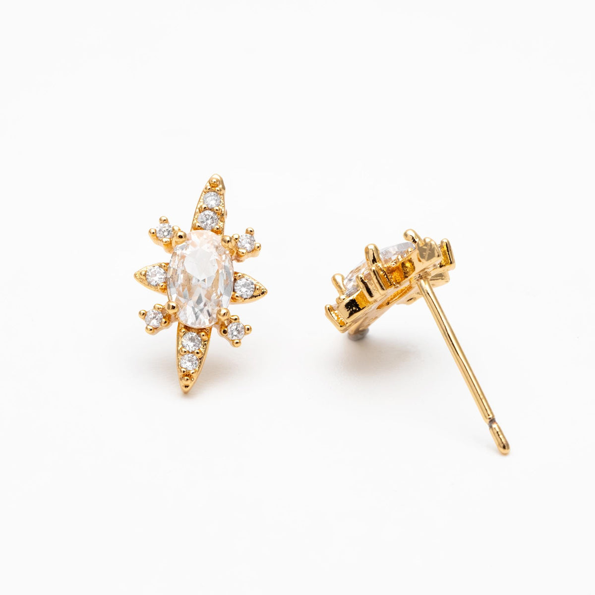 4pcs CZ Pave Gold Oval Ear Posts, Gold Plated Brass, Dainty Stud Earrings, DIY Earring Findings (#GB-3633-B)