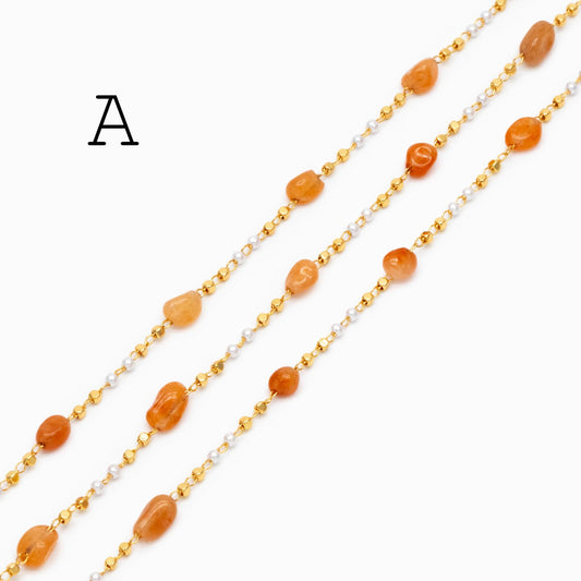 Gemstone Beaded Chain, 18K Gold plated Brass, Faux Pearl Bead Chain Wholesale (#LK-625)/ 1 Meter=3.3ft