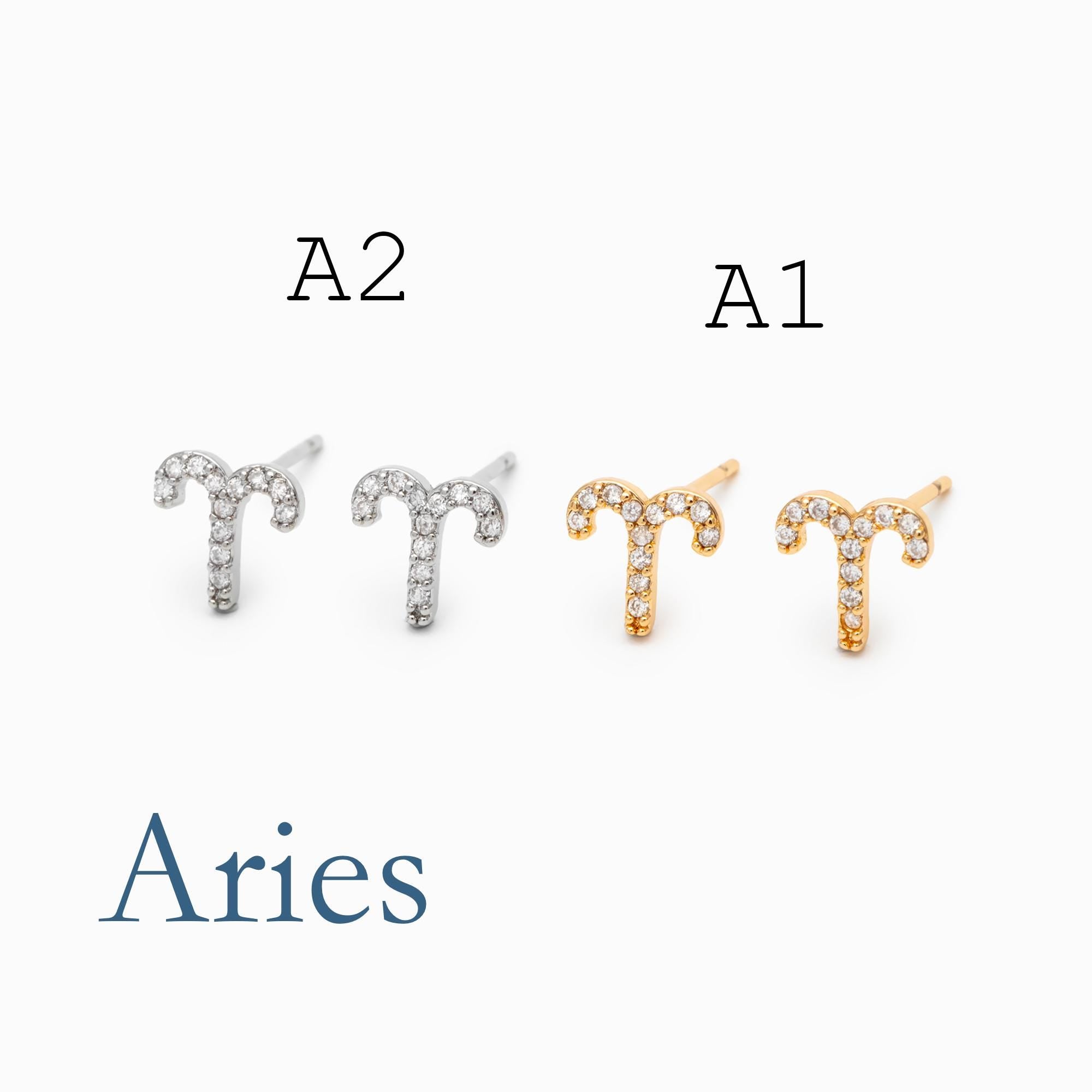 2pcs CZ pave Zodiac Constellation Stud Earrings, 18K Gold/ Rhodium plated Brass, Dainty Sign Earrings (GB-4768)