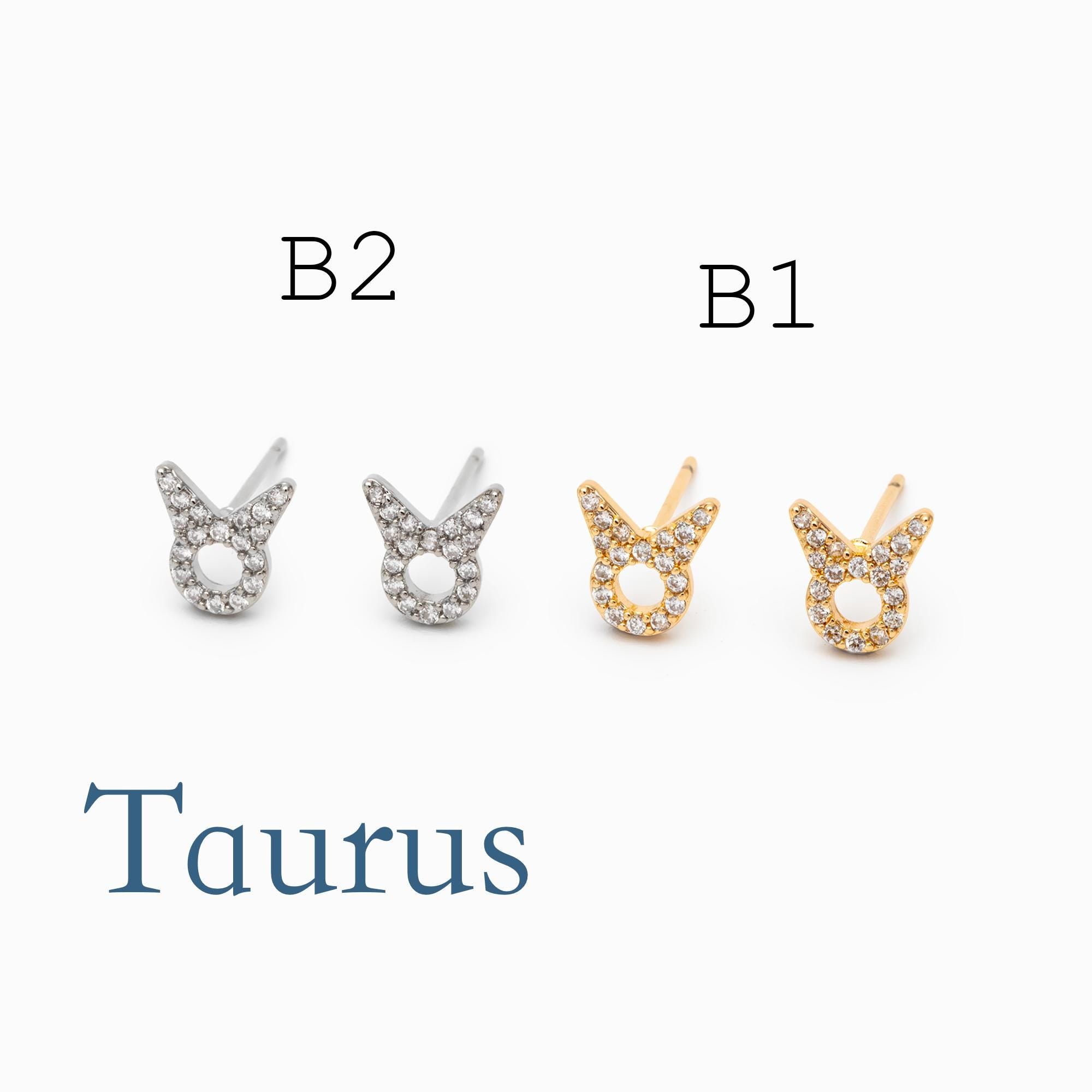 2pcs CZ pave Zodiac Constellation Stud Earrings, 18K Gold/ Rhodium plated Brass, Dainty Sign Earrings (GB-4768)