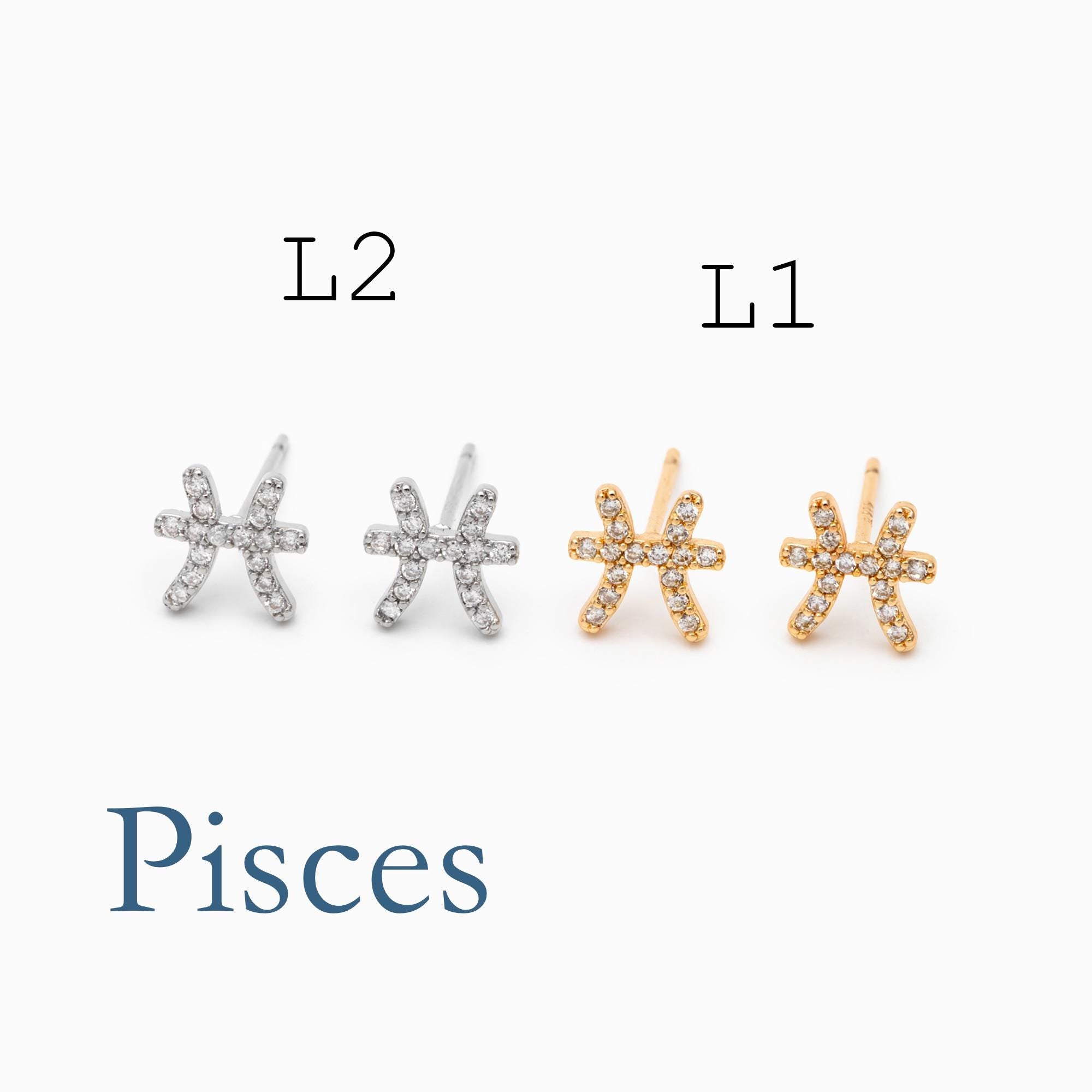 2pcs CZ pave Zodiac Constellation Stud Earrings, 18K Gold/ Rhodium plated Brass, Dainty Sign Earrings (GB-4768)