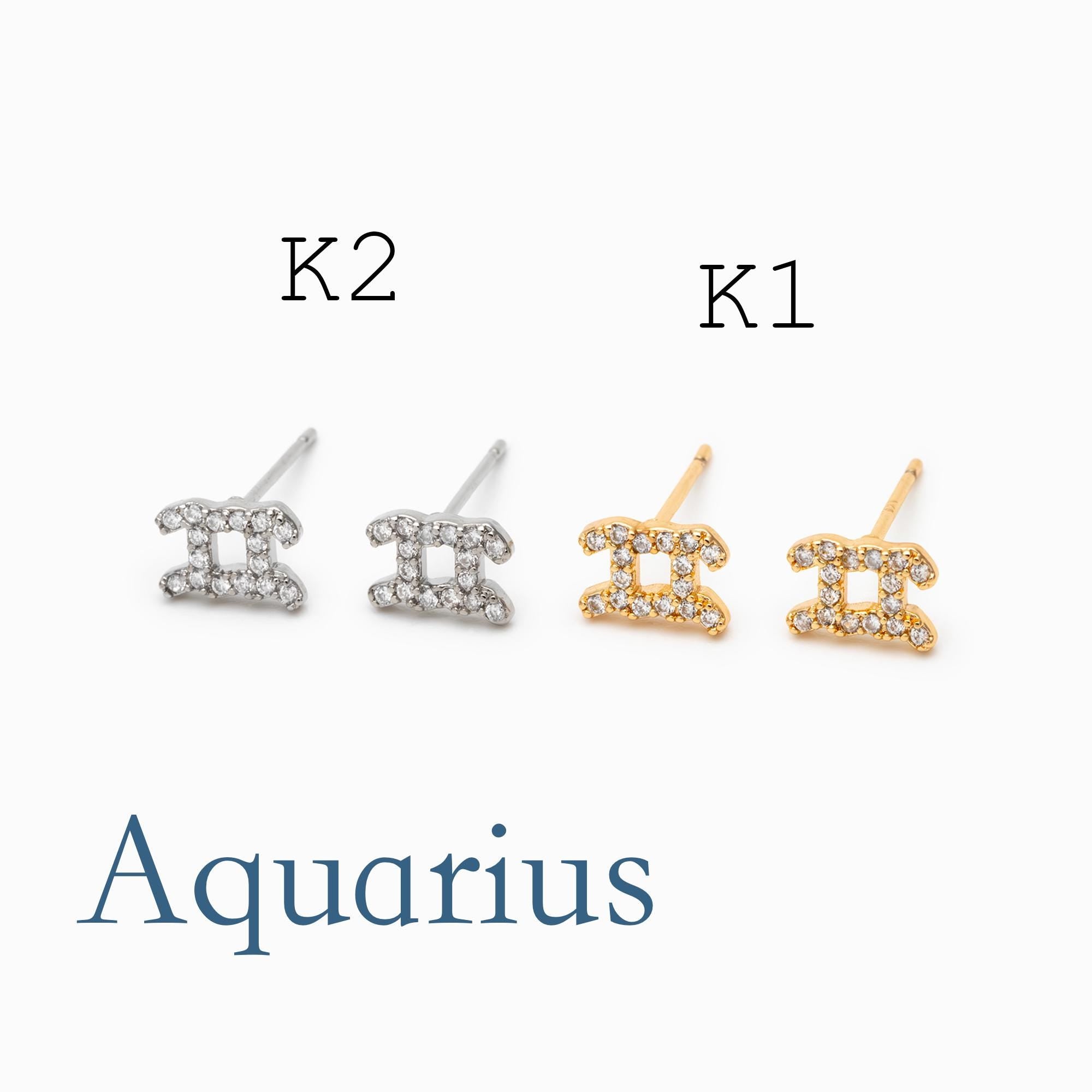 2pcs CZ pave Zodiac Constellation Stud Earrings, 18K Gold/ Rhodium plated Brass, Dainty Sign Earrings (GB-4768)