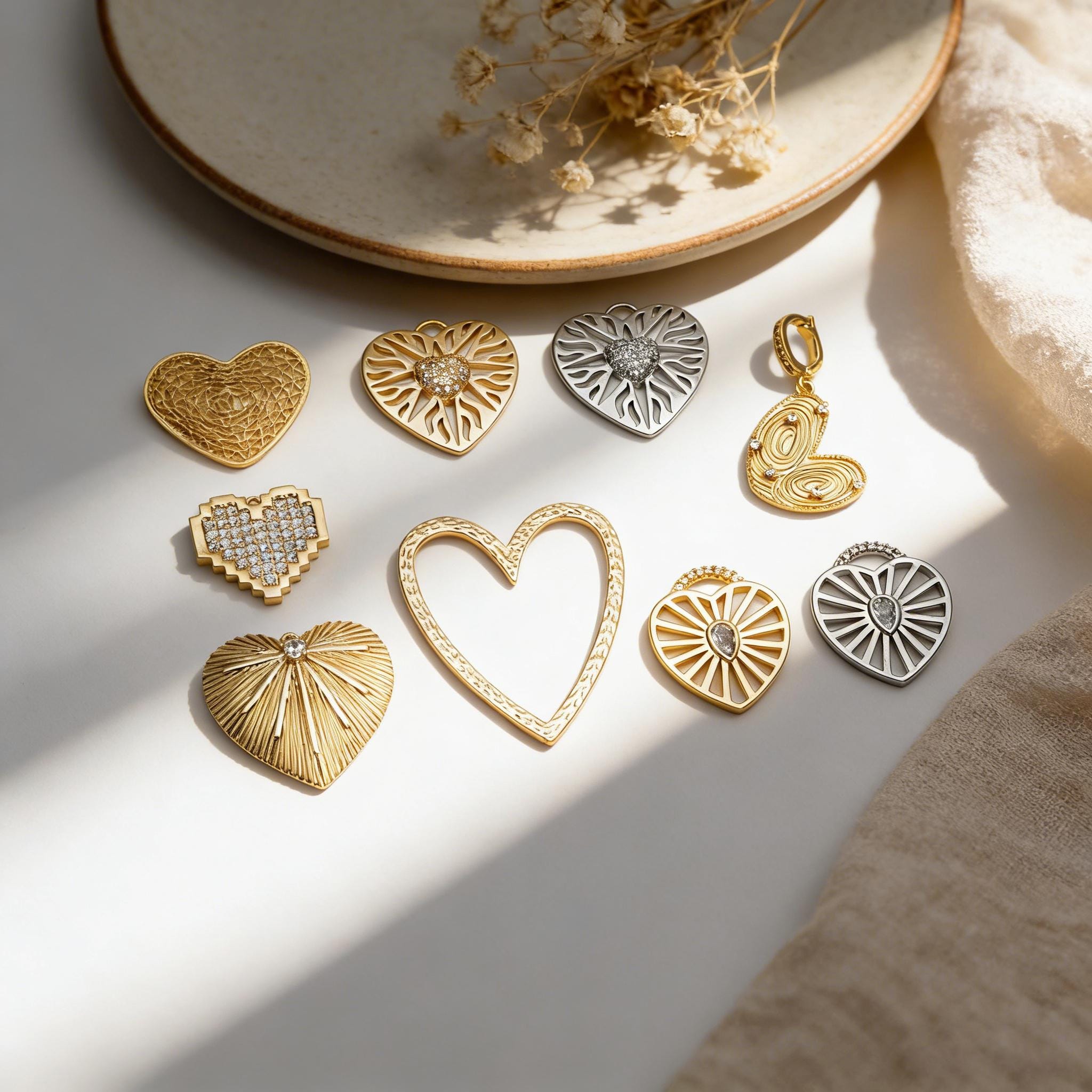 4pcs Gold/ Silver Tone Heart Pendants, 18K Gold/ Rhodium plated Brass, Dainty Heart Charms (GB-1964)