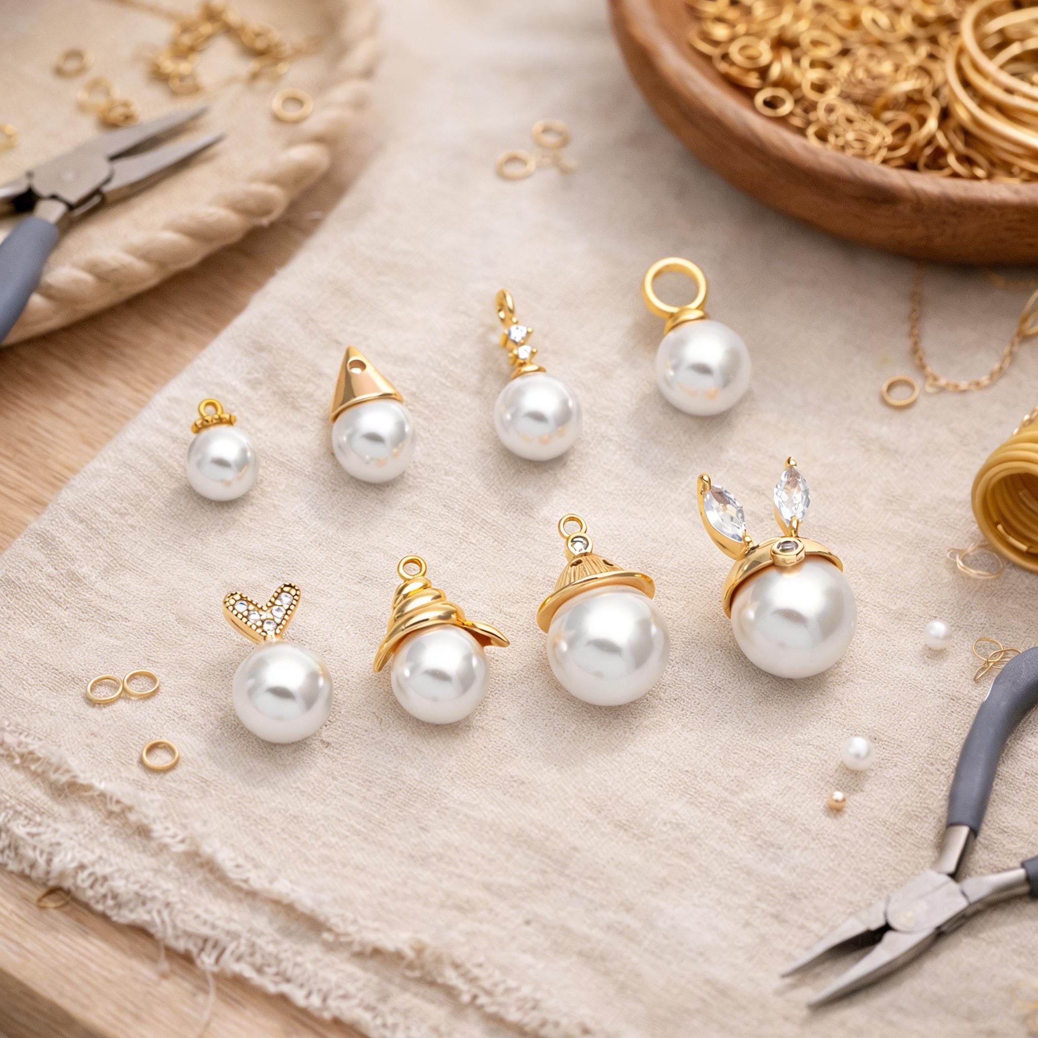 4pcs Gold Glass Pearl Charms,Dainty Earring/ Necklace Charms (GB-4773)