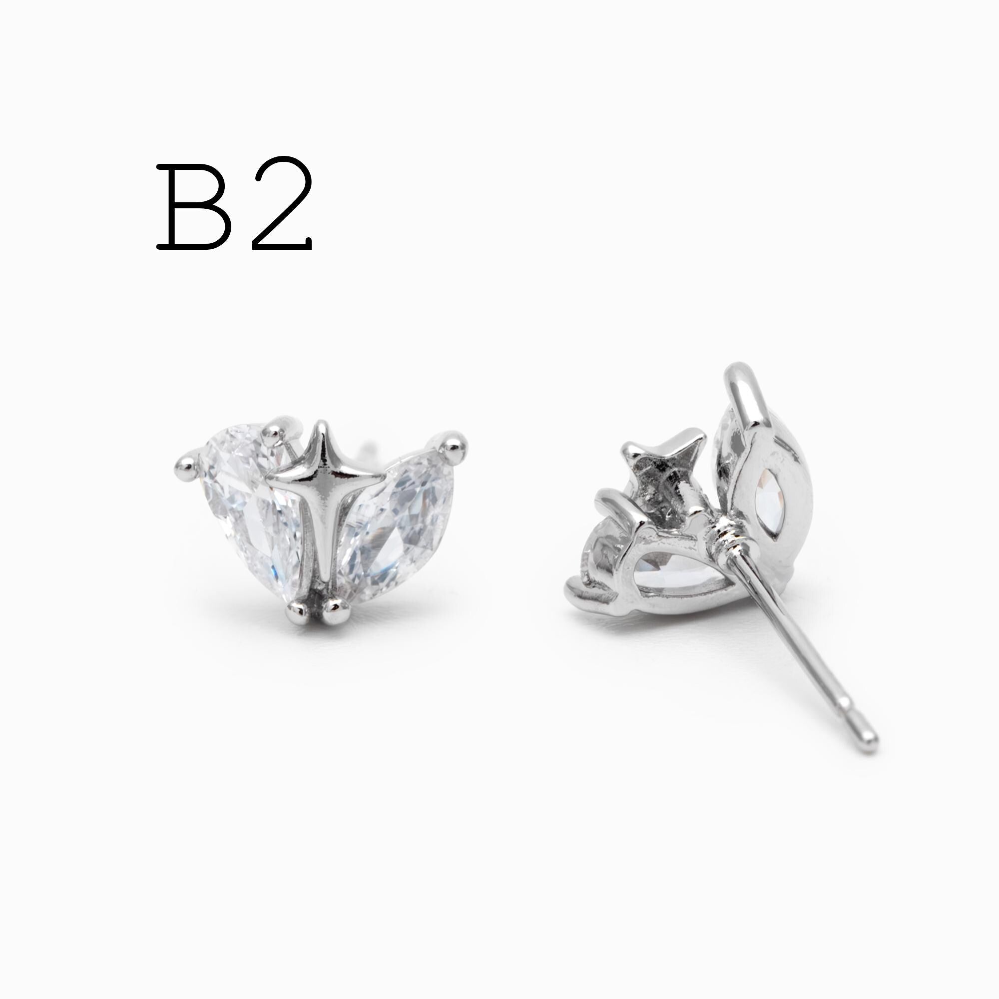 4pcs CZ Pave Heart Star Ear Posts, Gold/ Rhodium Plated Brass Stud Earrings, Jewelry Findings, Jewelry Making (GB-3571)
