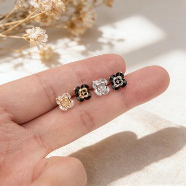 10pcs CZ Pave Flower Charms 8mm, Gold/ Silver tone Floral Pendants, Clear/ Black Cubic Zirconia (GB-343)
