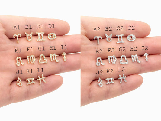 2pcs CZ pave Zodiac Constellation Stud Earrings, 18K Gold/ Rhodium plated Brass, Dainty Sign Earrings (GB-4768)