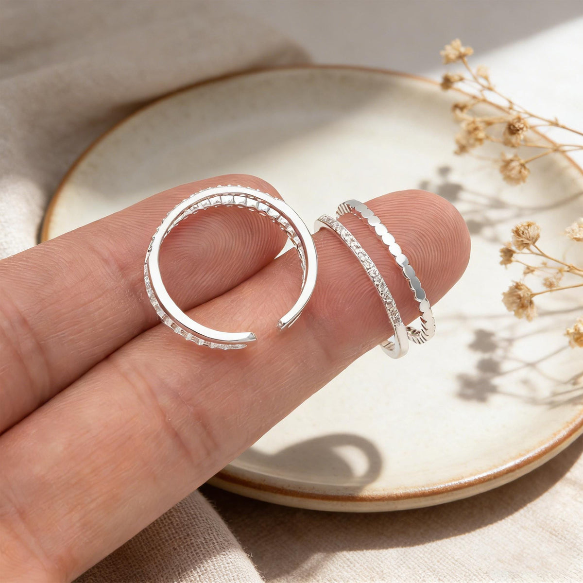 Minimalist Sterling Silver Finger Ring, CZ Pave Adjustable Statement Ring (#CY-063)