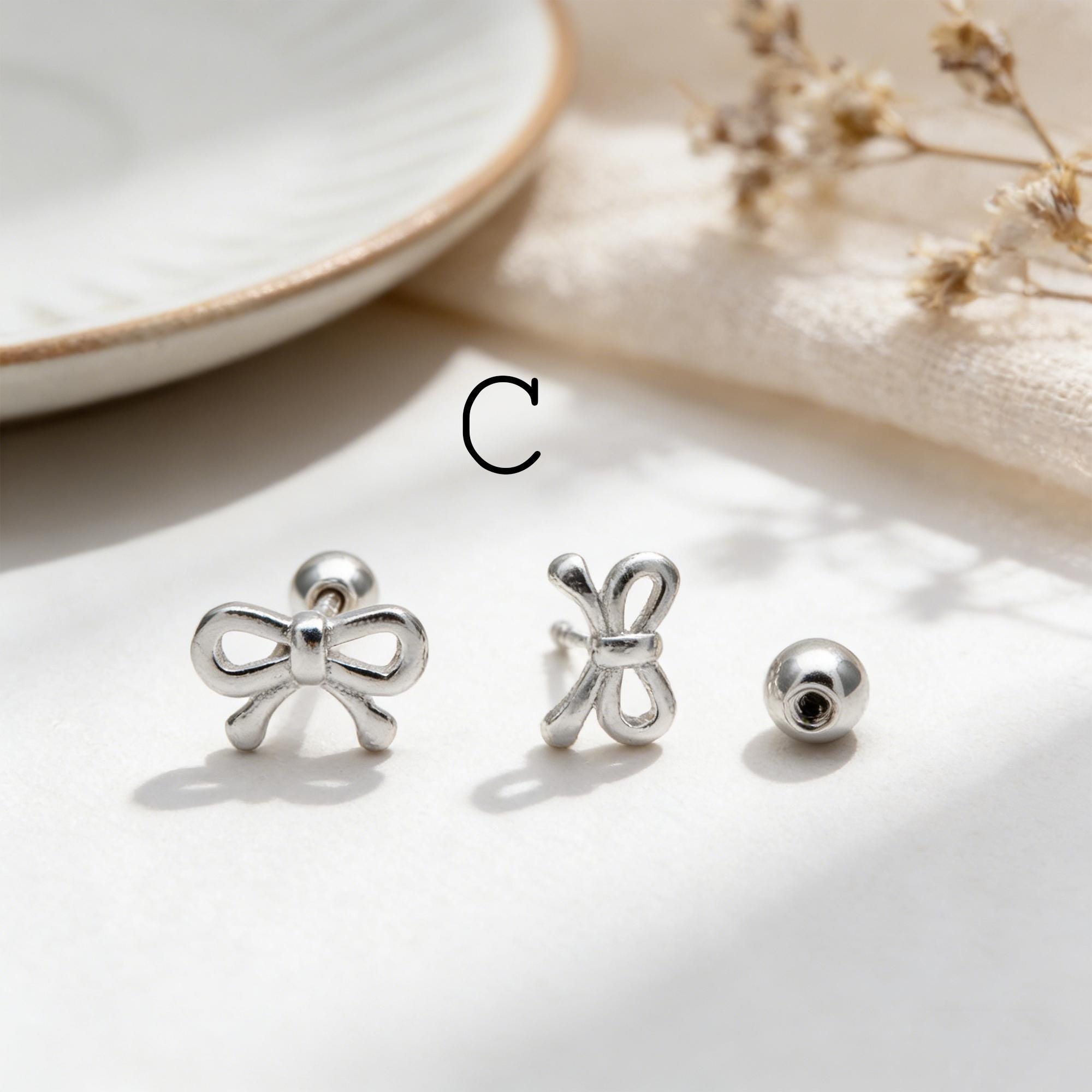 Sterling Silver Stud Earring, Screw Back, Knot/ Heart/ Butterfly/ Bow/ Clover (CY-064)/ 1 pair