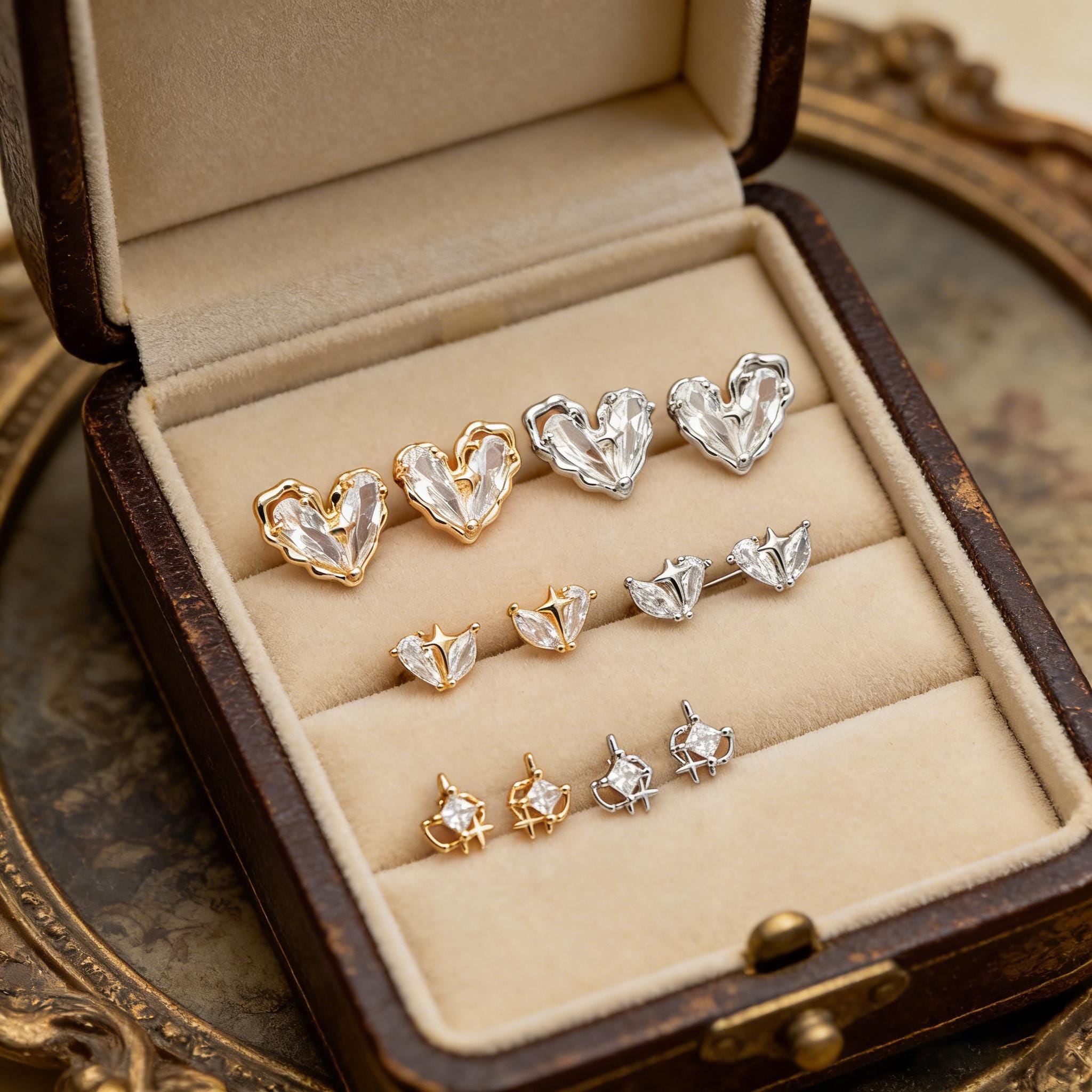 4pcs CZ Pave Heart Star Ear Posts, Gold/ Rhodium Plated Brass Stud Earrings, Jewelry Findings, Jewelry Making (GB-3571)