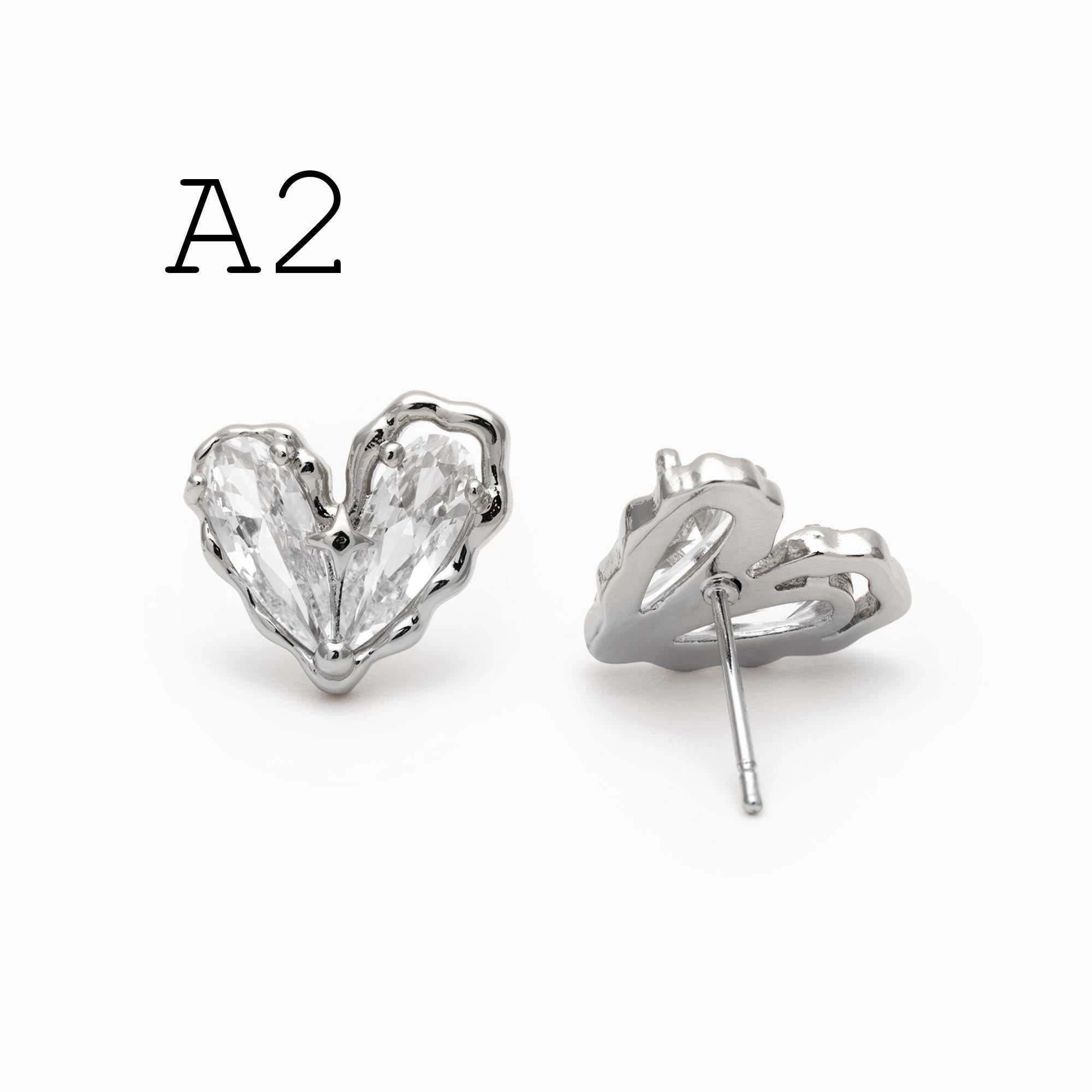 4pcs CZ Pave Heart Star Ear Posts, Gold/ Rhodium Plated Brass Stud Earrings, Jewelry Findings, Jewelry Making (GB-3571)