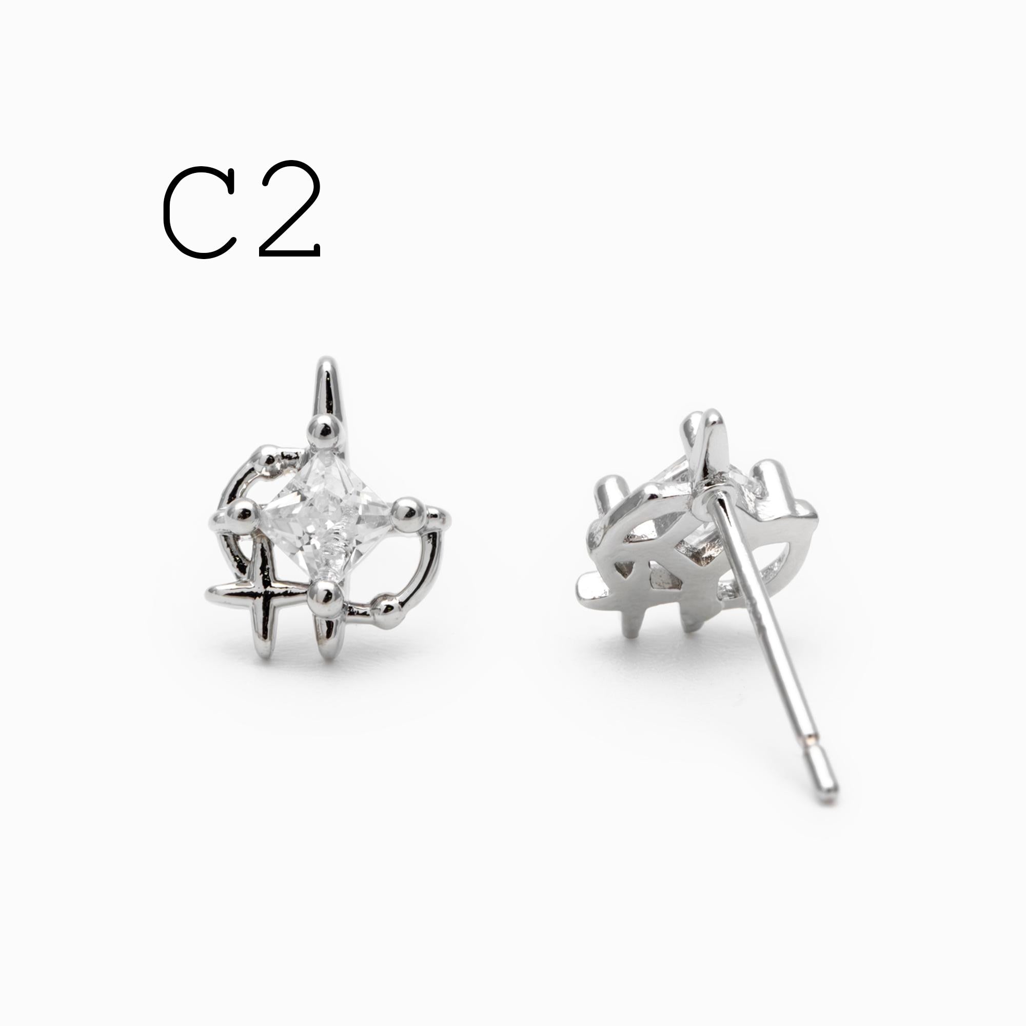 4pcs CZ Pave Heart Star Ear Posts, Gold/ Rhodium Plated Brass Stud Earrings, Jewelry Findings, Jewelry Making (GB-3571)