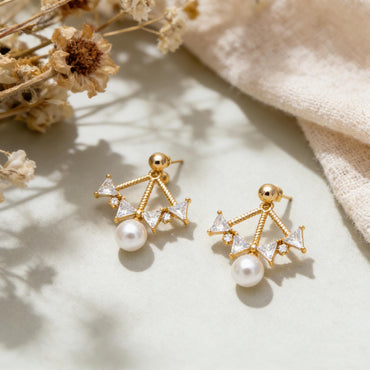 4pcs Elegant 6mm Glass Pearl & CZ Earrings, Gold-Plated Stud Earrings, Sparkling Chic Jewelry (GB-1625)