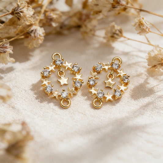 4pcs CZ Pave Gold Circle Charm Connectors 13x18mm, 18K Gold plated Brass, Christmas Ring Pendants with Star (GB-713-L)