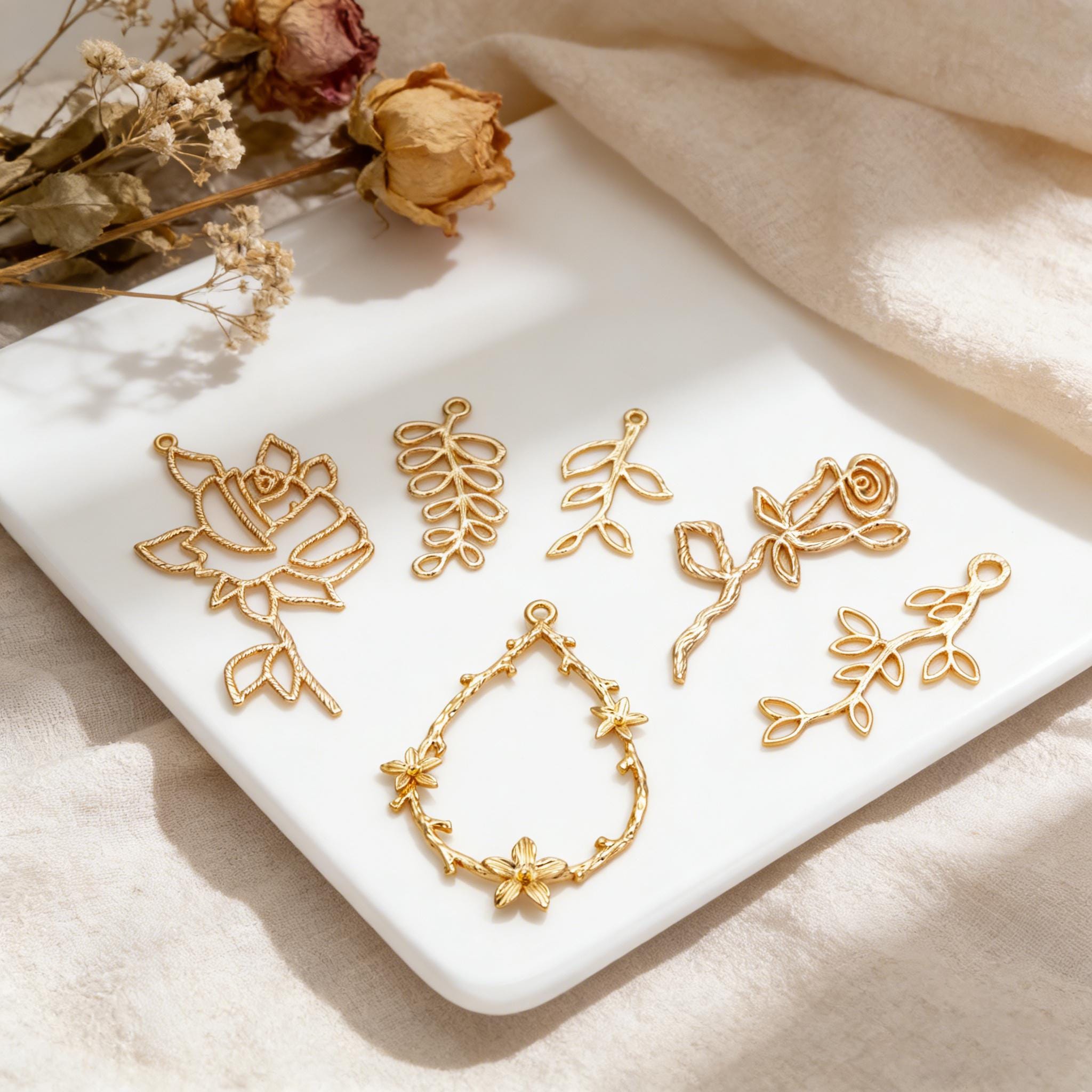 10pcs Gold Leaf Flower Charms, 18K Gold plated Brass, Dainty Earring Pendants (GB-120)