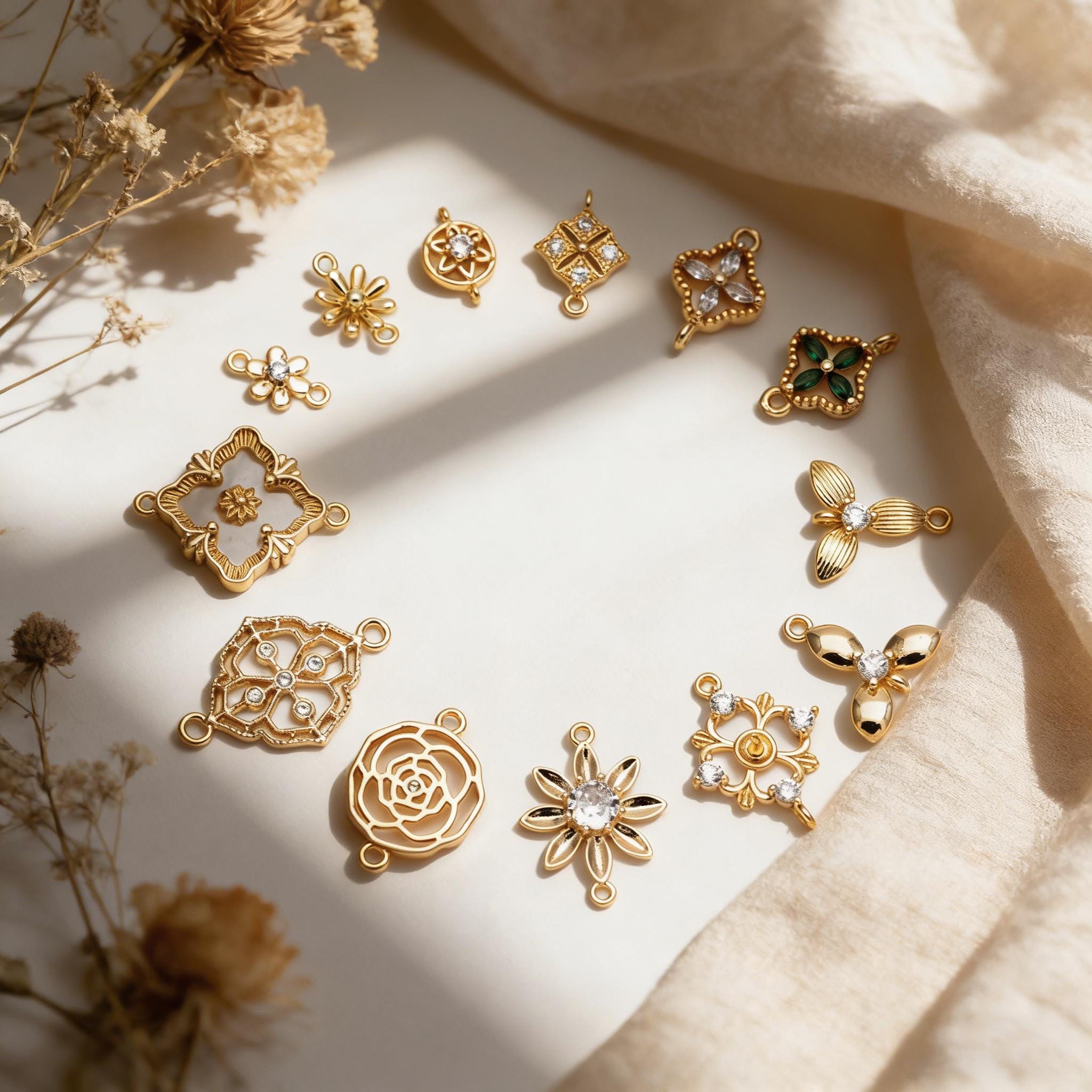 10pcs Gold Flower Charms , 18K Gold plated Brass, Floral Connector Pendants (GB-3780)