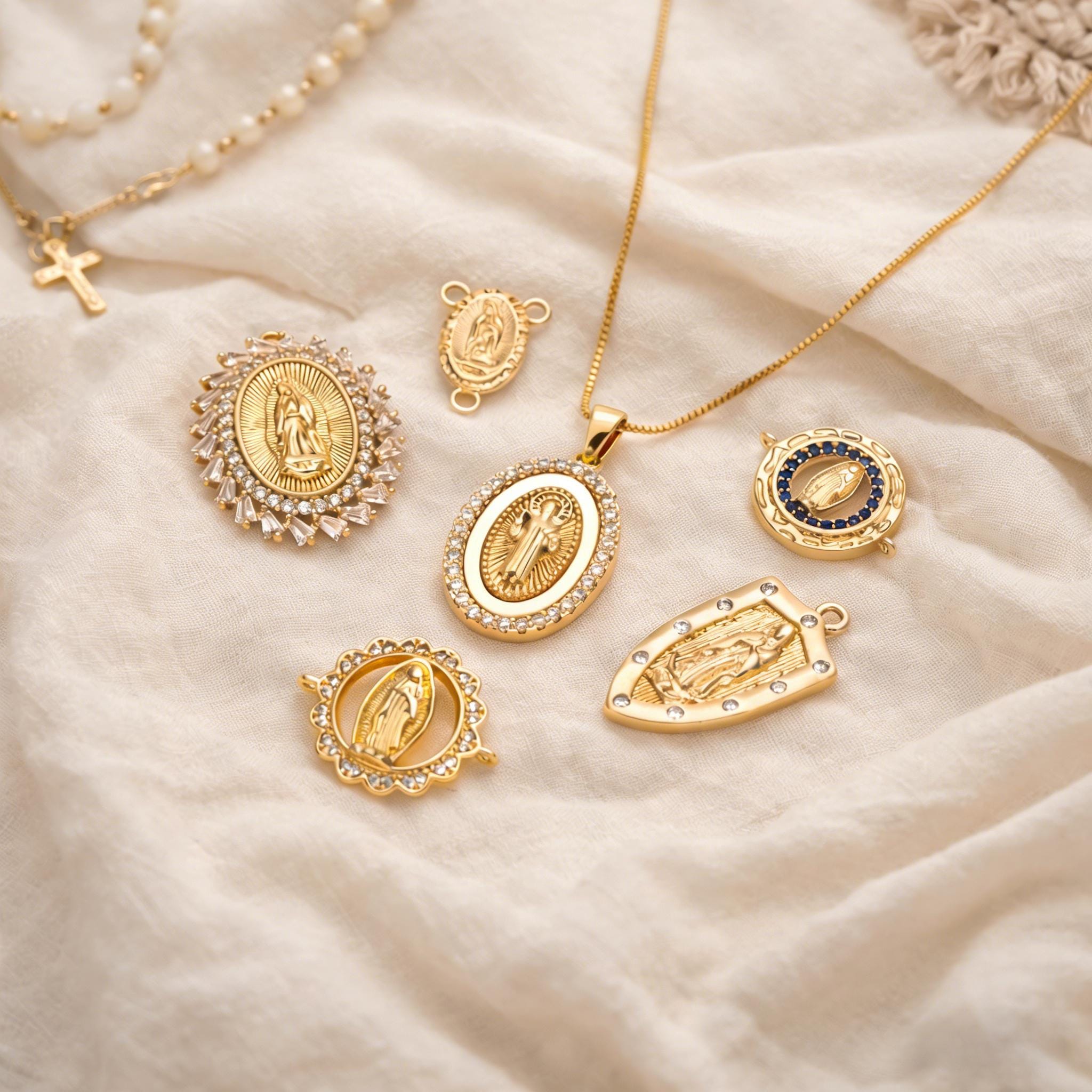 4pcs Gold Virgin Mother Mary Charm Connectors, Catholic Baptism Lady Guadalupe Charm, Medallion Religious Jewelry Craft (GB-4395)
