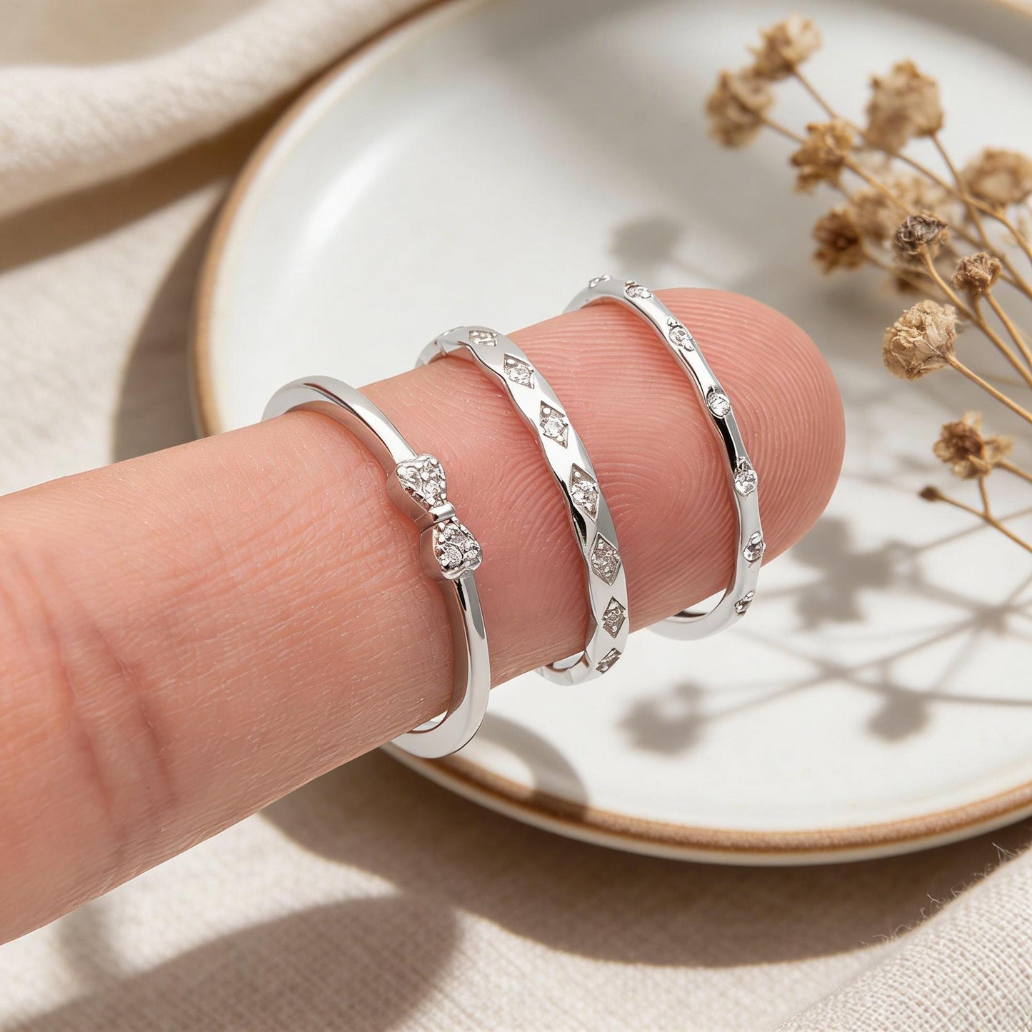 Minimalist Sterling Silver Ring, CZ Pave Adjustable Ring (#CY-057)/ 1 piece