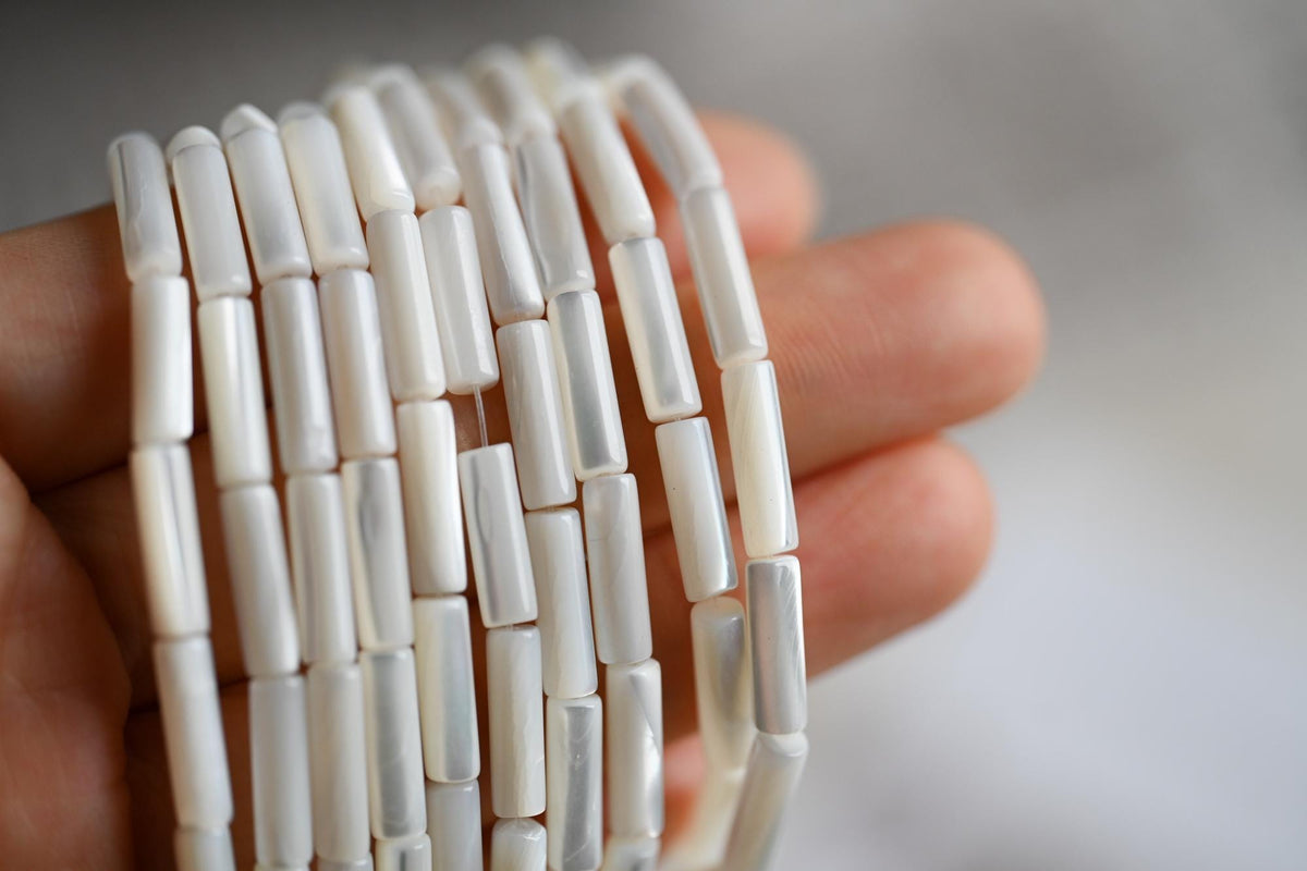 1 full strand, MOP Shell Stick beads, White Mother of Pearl Tube, Top Drilled Through, Multi Size -(BK-010)