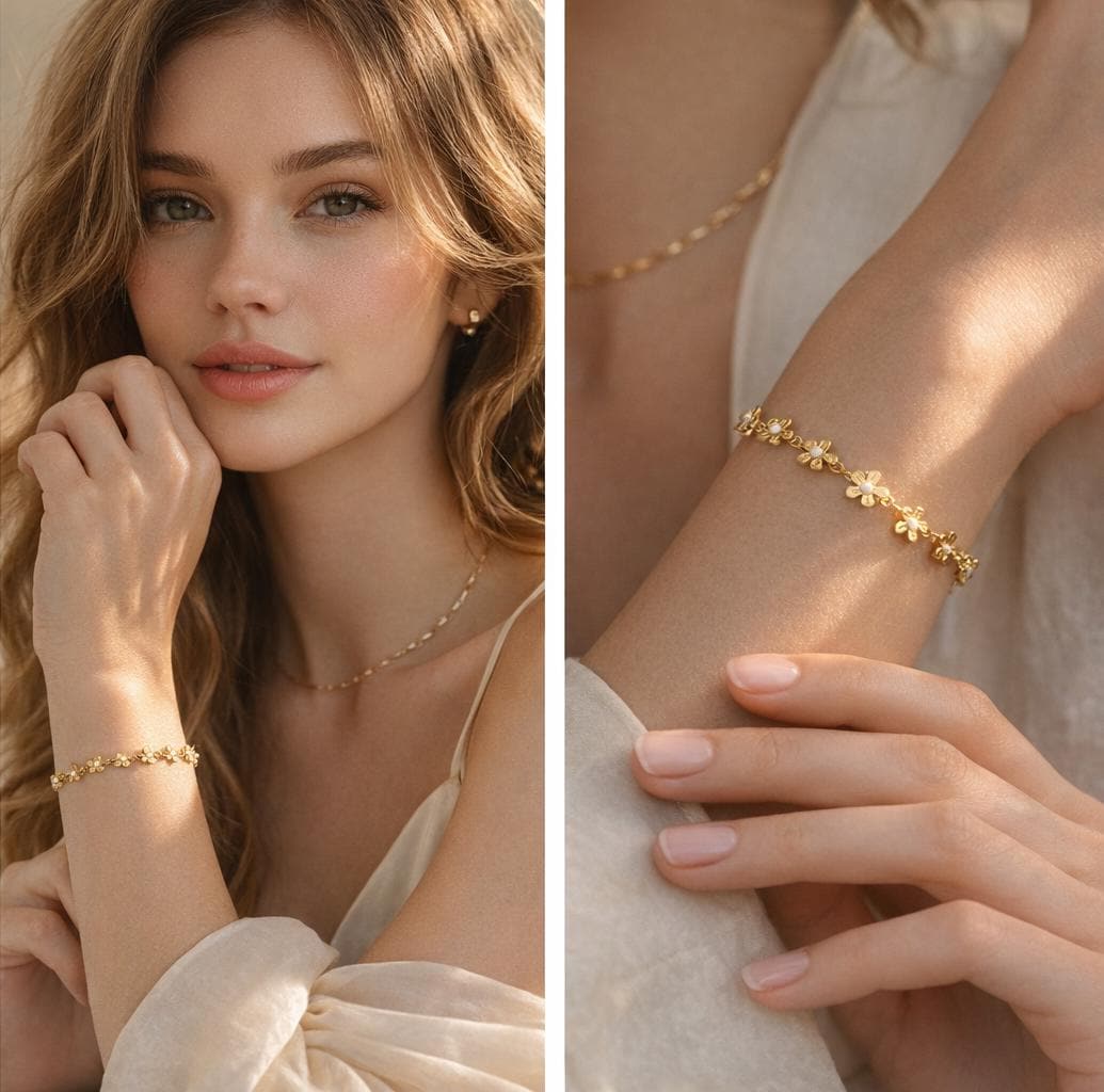 Enamel White/ Black Flower Chain, 18K Gold plated Brass, Adjustable Bracelet/ Anklet/ Necklace with Extender Chain, Ready to Wear (#LK-616)