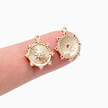 10pcs Gold Sun Disk Charms 15x13mm, 18K Gold plated Brass, CZ pave Sun Disc Pendants (GB-1658-G)