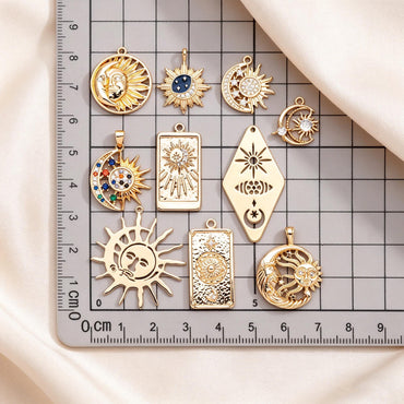4pcs Gold Sun Moon Star Charms, 18K Gold plated Brass, CZ Pave Celetial Pendants (GB-2991)