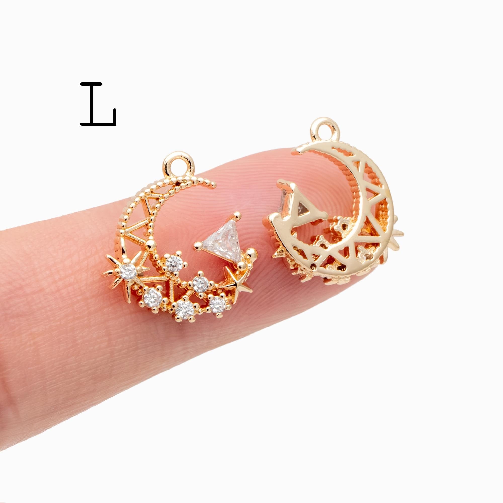 4pcs CZ pave Gold/ Silver Moon Star Charms, 18K Gold/ Rhodium plated Brass Moon Pendants (GB-2433)