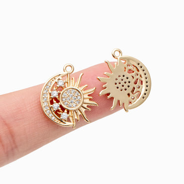 4pcs Sun and Moon Charms 16x19mm, 18K Gold plated Brass, CZ pave Sun Pendants (GB-2991-E)