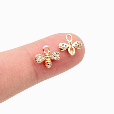 10pcs CZ Pave Bee Charm 10x8mm, 18K Gold Plated Brass, Bee Pendants (GB-3093-D)
