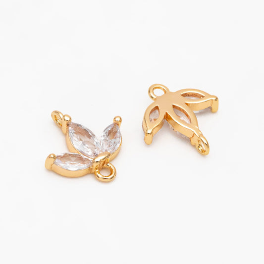 10pcs CZ Pave Flower Connector, 18K Gold plated Brass, Leaf Connector Charms (GB-3670-B)