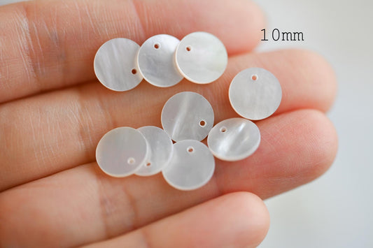10pcs White Mother of Pearl Coin Charms, Round Disc MOP Shell Pendants 10/ 15/ 20mm (BK-003-A)