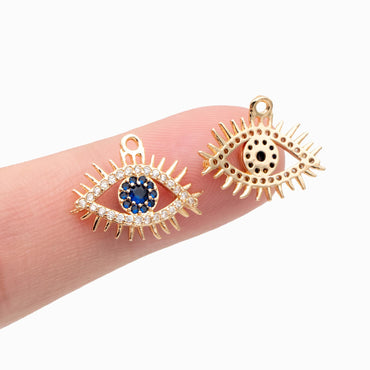 4pcs Micro Pave CZ Evil Eye Charm 17x14mm, Real Gold plated Brass Eye Charms, Cubic Zirconium Pave Eye Pendants (GB-1819-I)