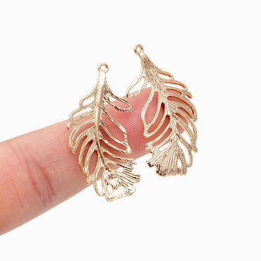 4pcs Gold Feather Pendants 34x17mm, 18K Gold plated Brass Filigree Feather Charms, Lead Nickel Free (GB-858-B)