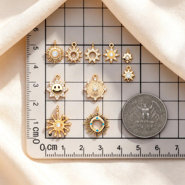 10pcs CZ Pave Gold/ Silver Sun Charm , 18K Gold/ Rhodium plated Brass, Sun Pendants (GB-1658)