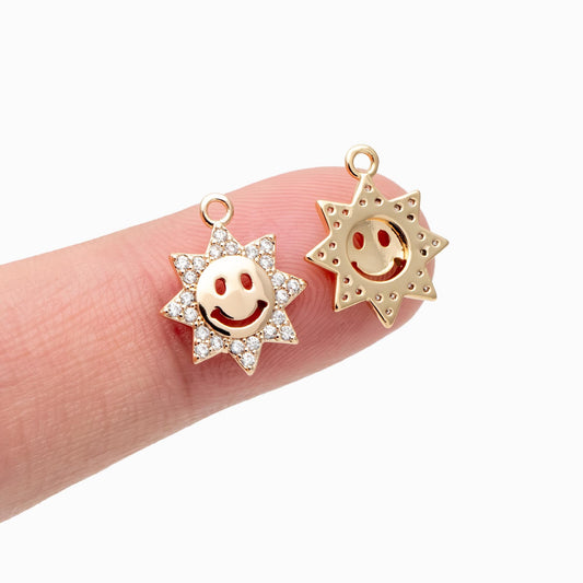 10pcs CZ Pave Gold Sun Charm, Gold Plated Brass Smiley Face Pendants (GB-1658-H)