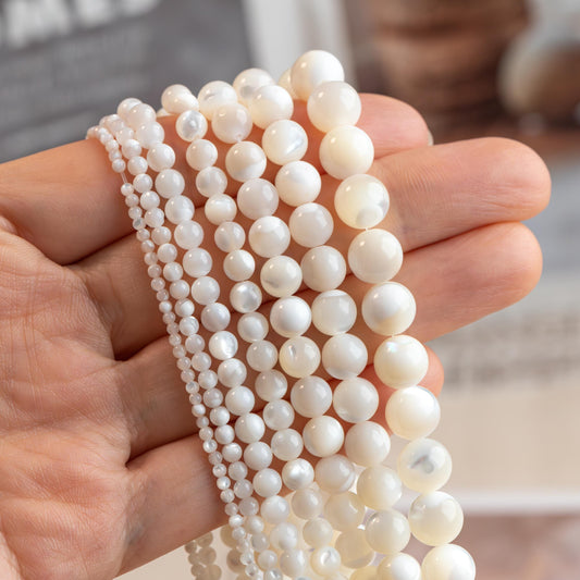White Mother of Pearl Shell Beads, Smooth Round MOP beads, Multi Sizes (BK-007) / 15.5" full strand