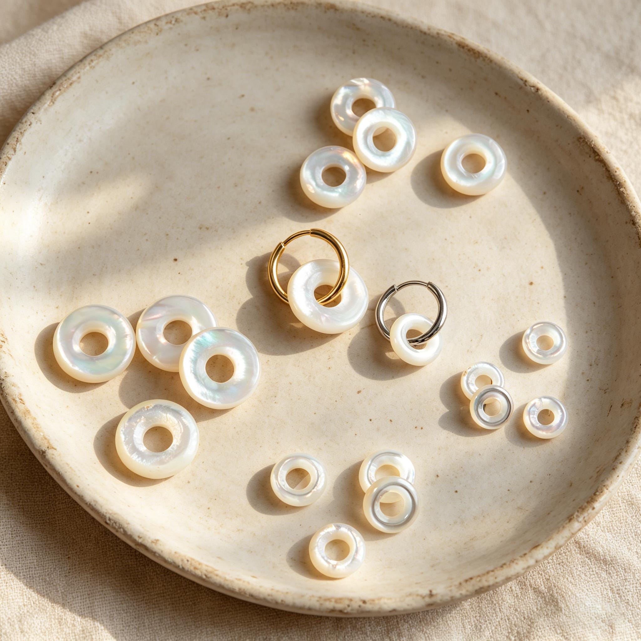 Double Sided Mother of Pearl Ring Charms, Shell Donut Beads, White Shell Circle Pendant, Jewelry Making Supplies (BK-015)