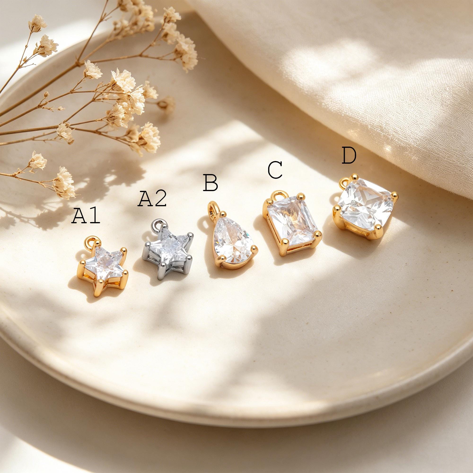 10pcs CZ pave Gold/ Silver Tone Star/ Teardrop/ Rectangle/ Rhombus Charms, Gold Plated Brass Geometric Pendants (GB-1151)