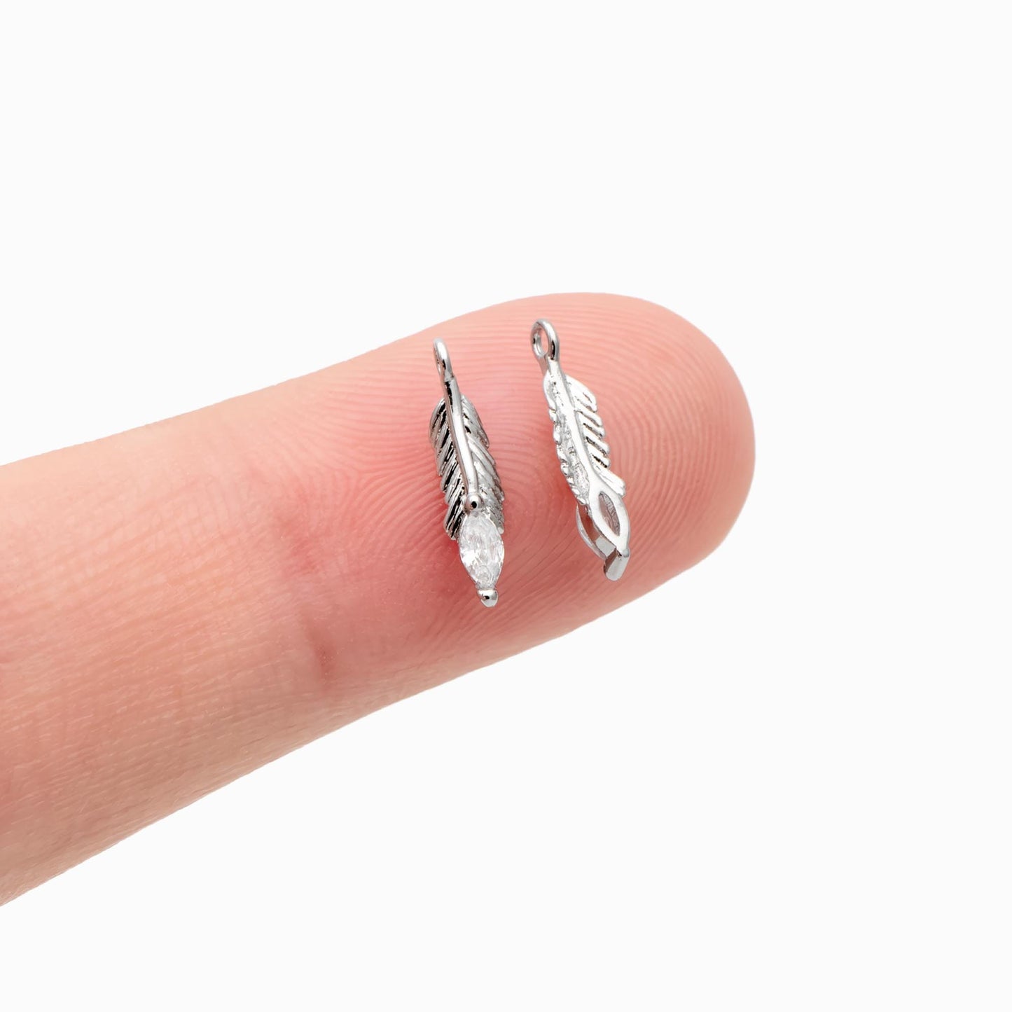 4pcs CZ pave Tiny Feather Charms, 18K Gold/ Rhodium plated Brass Leaf Pendants 12x3mm (GB-383-A)