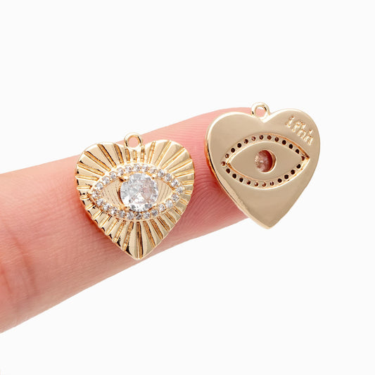 4pcs CZ paved Gold Heart Evil Eye Charm 16mm, Gold Plated Brass Heart Pendant (GB-4085-H)