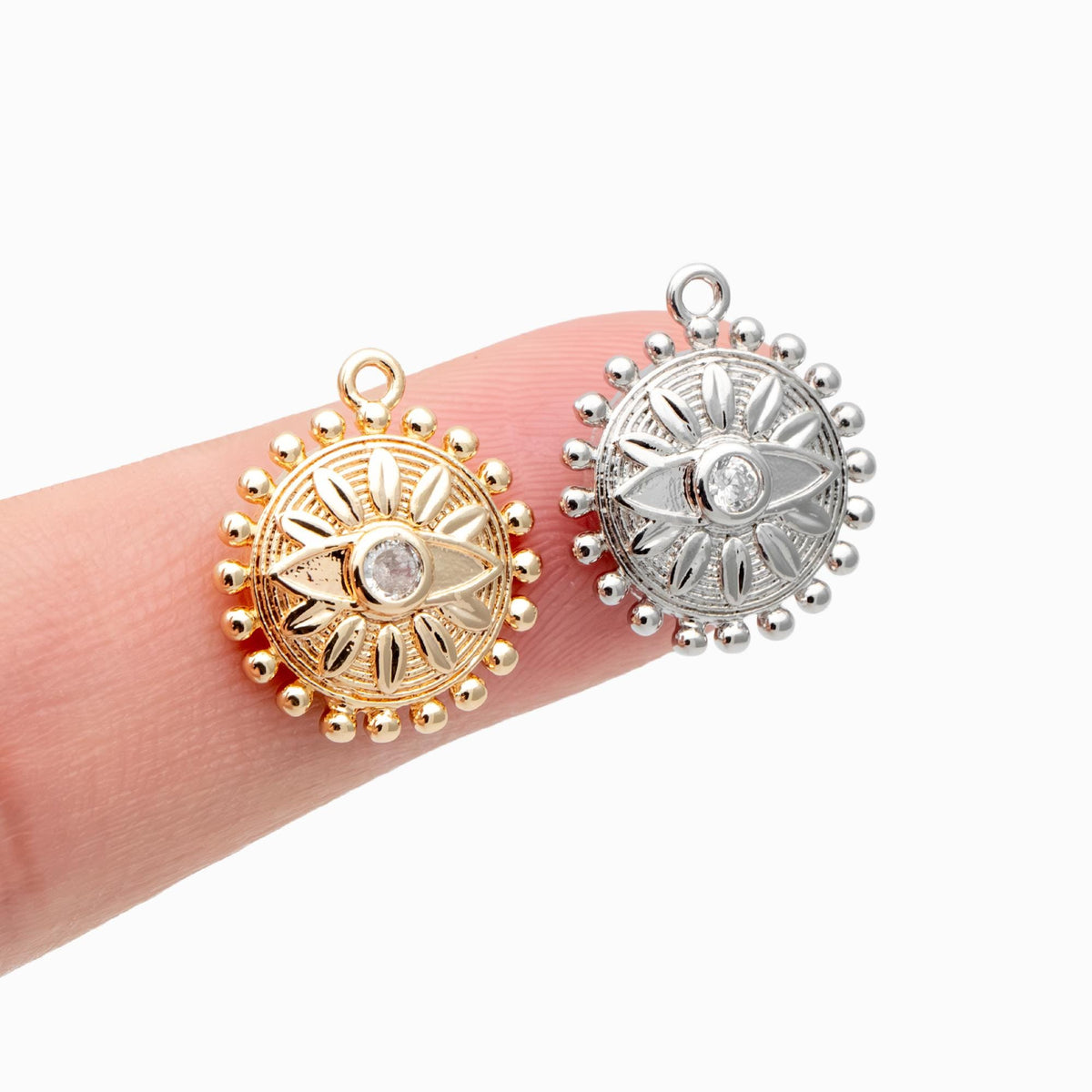 4pcs CZ Pave Gold Flower Evil eye Charms 17x15mm, 18K Gold plated Brass, Disk Evil eye Pendants (GB-4085-D)