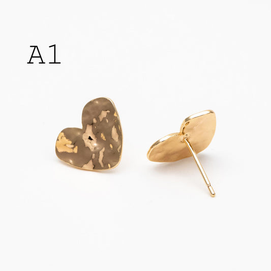 10pcs Gold/ Silver Hammered Heart/ Square Earrings, Real Gold/ Rhodium plated Brass, Geometric Earring Studs (GB-4567)