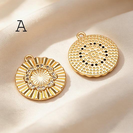 4pcs Gold Round Sun Charms , 18K Gold plated Brass, Disk Sun Pendants (GB-1232)