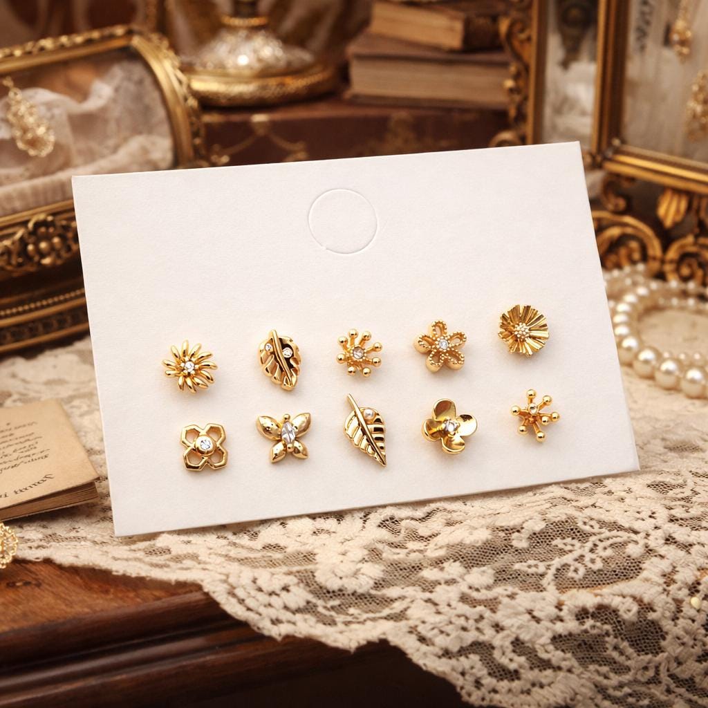 10pcs CZ Pave Gold/ Silver Flower Leaf Earrings, 18K Real Gold/ Rhodium Plated Brass, Dainty Stud Earrings (GB-3381)
