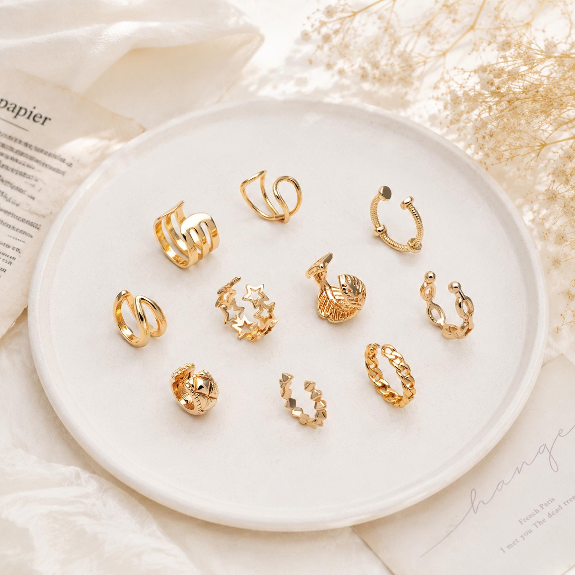 10pcs Gold Ear Cuff, Cartilage, Fake Piercing, Cartilage Ear Cuff, Ear Wrap, Earcuff (GB-2826)